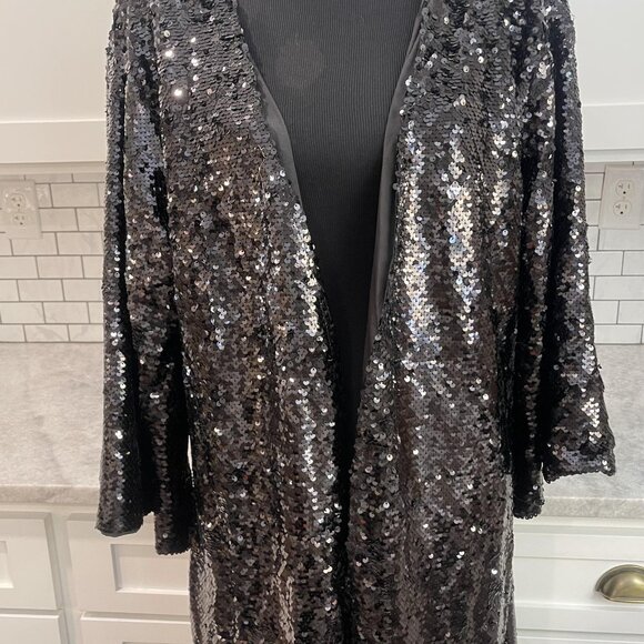 L&B Duster Womens 3XL Black Full Sequin Open Front Jacket Coat Lucky & Blessed - Picture 2 of 11